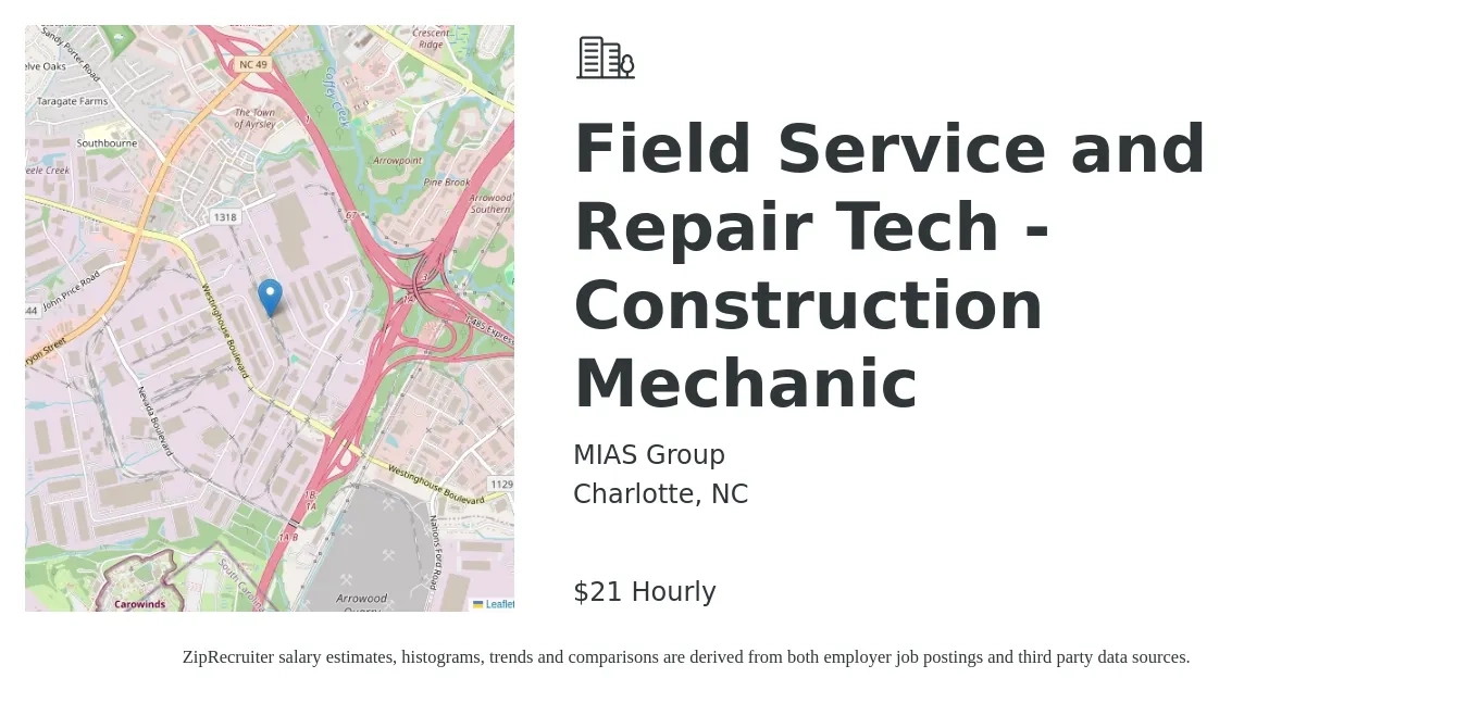 MIAS Group job posting for a Field Service and Repair Tech - Construction Mechanic in Charlotte, NC with a salary of $22 Hourly with a map of Charlotte location.