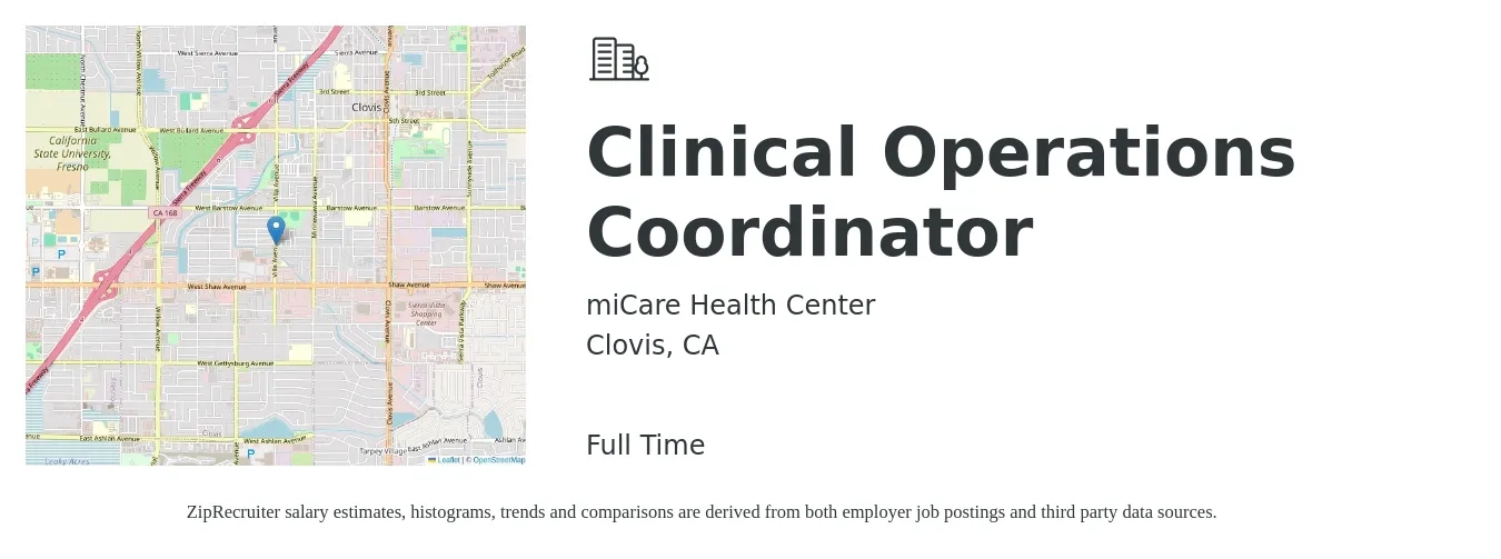 miCare Health Center job posting for a Clinical Operations Coordinator in Clovis, CA with a salary of $65,000 to $67,000 Yearly with a map of Clovis location.