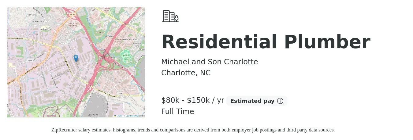Michael and Son Charlotte job posting for a Residential Plumber in Charlotte, NC with a salary of $80,000 to $150,000 Yearly with a map of Charlotte location.
