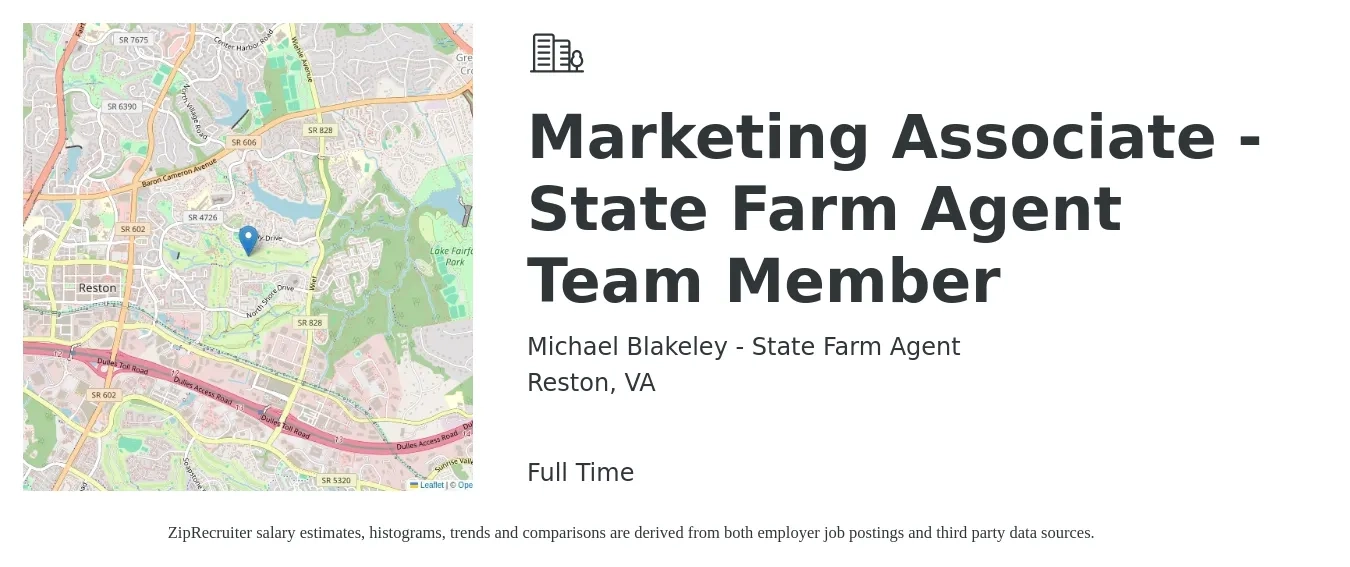 Michael Blakeley - State Farm Agent job posting for a Marketing Associate - State Farm Agent Team Member in Reston, VA with a salary of $44,400 to $61,300 Yearly with a map of Reston location.