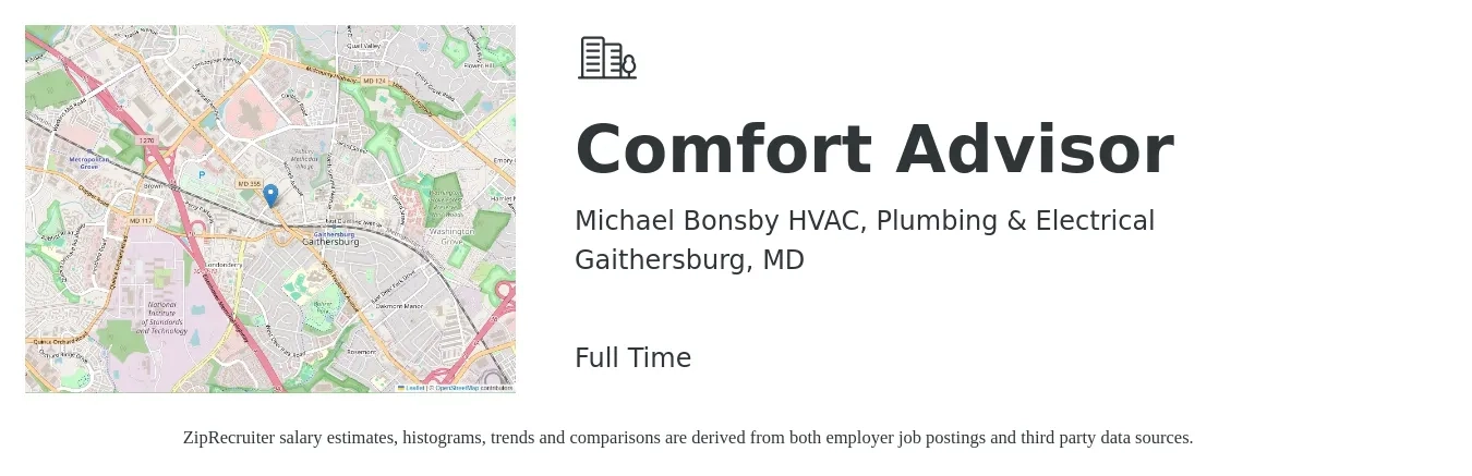 Michael Bonsby HVAC, Plumbing & Electrical job posting for a Comfort Advisor in Gaithersburg, MD with a salary of $63,200 to $104,300 Yearly with a map of Gaithersburg location.