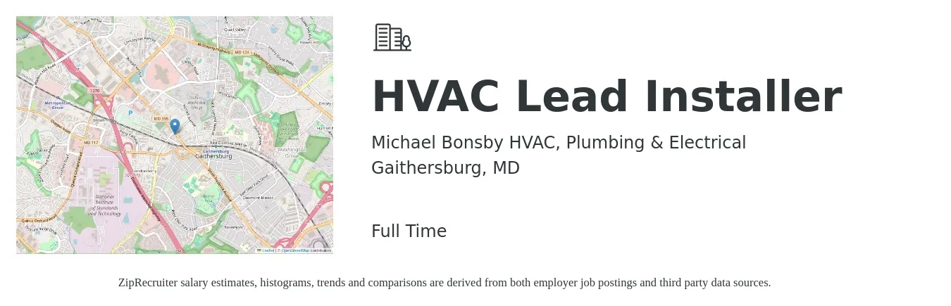 Michael Bonsby HVAC, Plumbing & Electrical job posting for a HVAC Lead Installer in Gaithersburg, MD with a salary of $23 to $35 Hourly with a map of Gaithersburg location.