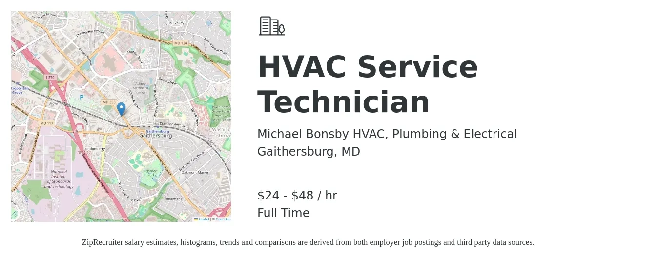 Michael Bonsby HVAC, Plumbing & Electrical job posting for a HVAC Service Technician in Gaithersburg, MD with a salary of $25 to $50 Hourly with a map of Gaithersburg location.