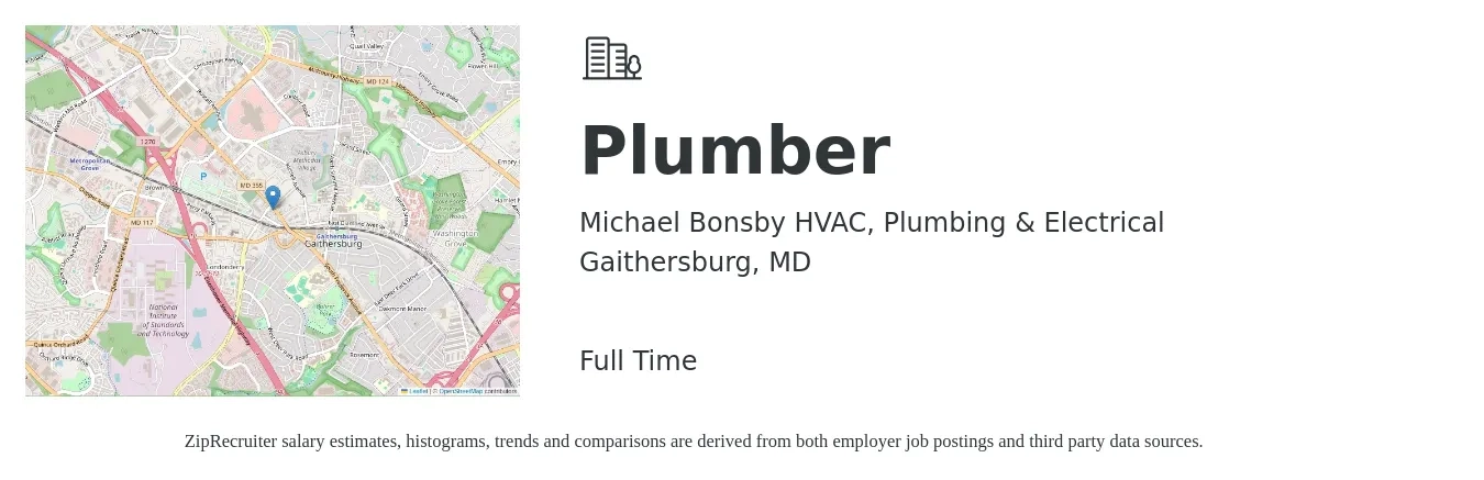 Michael Bonsby HVAC, Plumbing & Electrical job posting for a Plumber in Gaithersburg, MD with a salary of $27 to $39 Hourly with a map of Gaithersburg location.