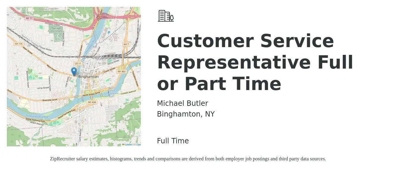 Michael Butler job posting for a Customer Service Representative Full or Part Time in Binghamton, NY with a salary of $15 to $21 Hourly with a map of Binghamton location.