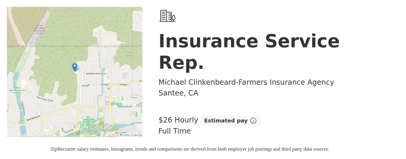 Michael Clinkenbeard-Farmers Insurance Agency job posting for a Insurance Service Rep. in Santee, CA with a salary of $28 Hourly with a map of Santee location.