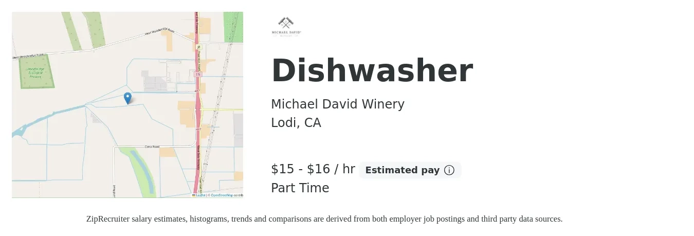 Michael David Winery job posting for a Dishwasher in Lodi, CA with a salary of $16 to $17 Hourly with a map of Lodi location.