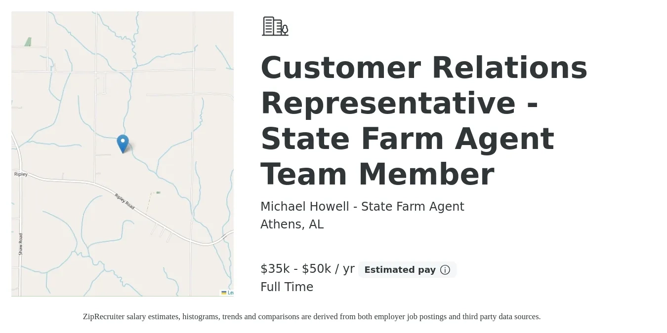 Michael Howell - State Farm Agent job posting for a Customer Relations Representative - State Farm Agent Team Member in Athens, AL with a salary of $35,000 to $50,000 Yearly with a map of Athens location.