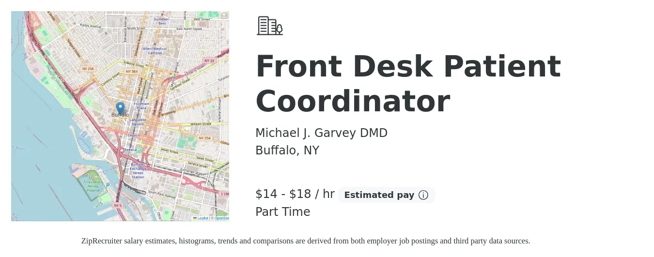 Michael J. Garvey DMD job posting for a Front Desk Patient Coordinator in Buffalo, NY with a salary of $15 to $19 Hourly with a map of Buffalo location.