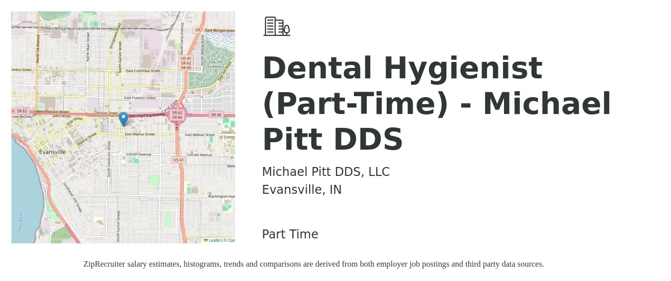 Michael Pitt DDS, LLC job posting for a Dental Hygienist (Part-Time) - Michael Pitt DDS in Evansville, IN with a salary of $36 to $48 Hourly with a map of Evansville location.