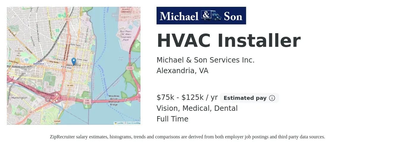 Michael & Son Services Inc. job posting for a HVAC Installer in Alexandria, VA with a salary of $21 to $32 Hourly with a map of Alexandria location.