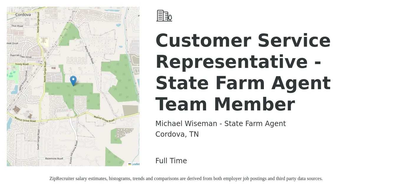Michael Wiseman - State Farm Agent job posting for a Customer Service Representative - State Farm Agent Team Member in Cordova, TN with a salary of $14 to $20 Hourly with a map of Cordova location.