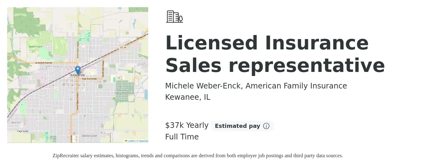 Michele Weber-Enck, American Family Insurance job posting for a Licensed Insurance Sales representative in Kewanee, IL with a salary of $37,440 Yearly with a map of Kewanee location.
