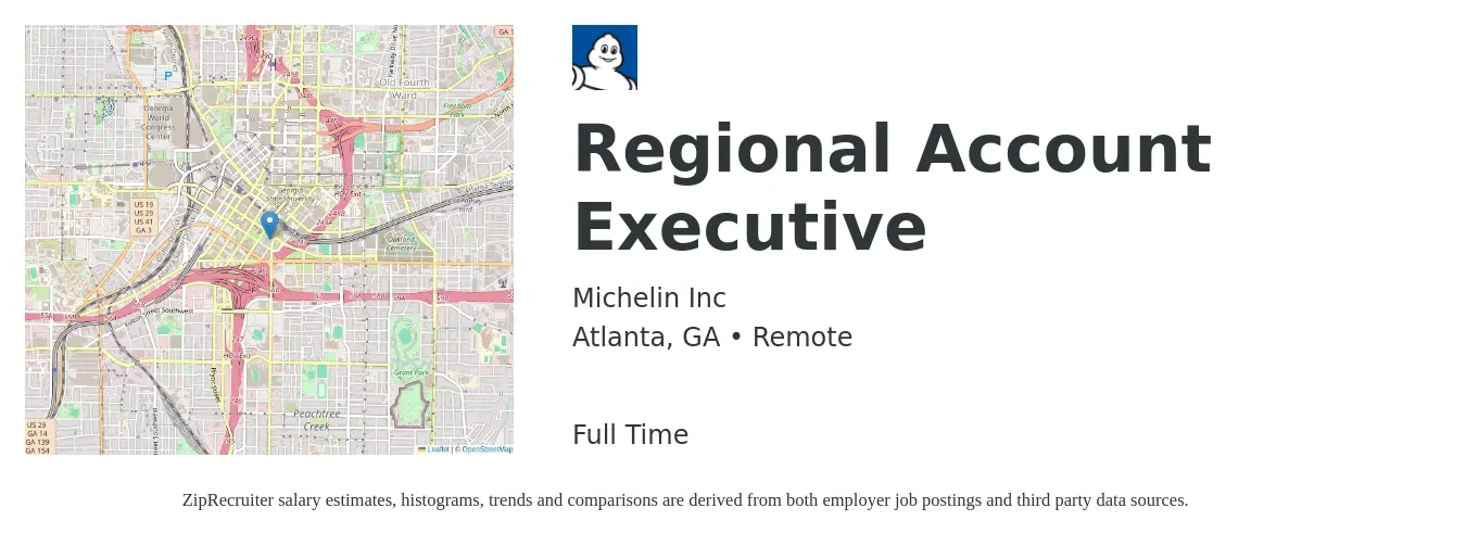 Michelin Inc job posting for a Regional Account Executive in Atlanta, GA with a salary of $71,100 to $104,000 Yearly with a map of Atlanta location.