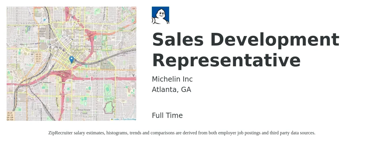 Michelin Inc job posting for a Sales Development Representative in Atlanta, GA with a salary of $41,200 to $59,800 Yearly with a map of Atlanta location.