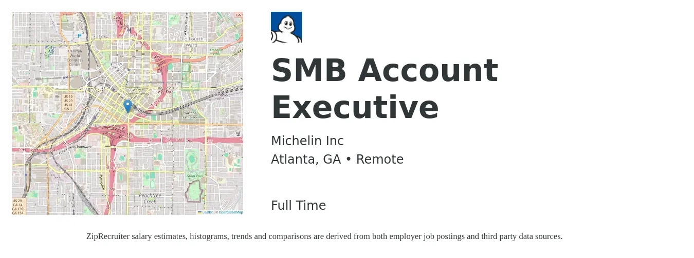 Michelin Inc job posting for a SMB Account Executive in Atlanta, GA with a salary of $53,000 to $93,200 Yearly with a map of Atlanta location.