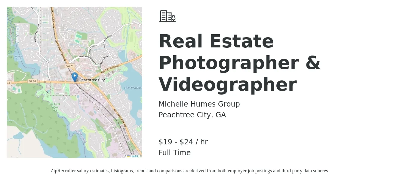 Michelle Humes Group job posting for a Real Estate Photographer & Videographer in Peachtree City, GA with a salary of $20 to $25 Hourly with a map of Peachtree City location.