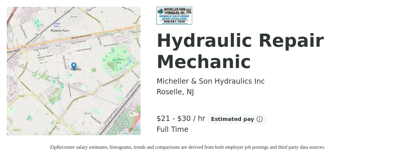 Micheller & Son Hydraulics Inc job posting for a Hydraulic Repair Mechanic in Roselle, NJ with a salary of $22 to $32 Hourly with a map of Roselle location.