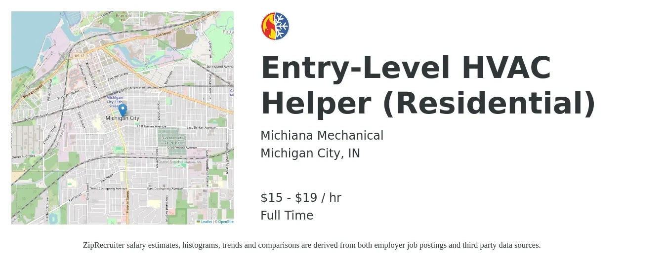Michiana Mechanical job posting for a Entry-Level HVAC Helper (Residential) in Michigan City, IN with a salary of $16 to $20 Yearly with a map of Michigan City location.
