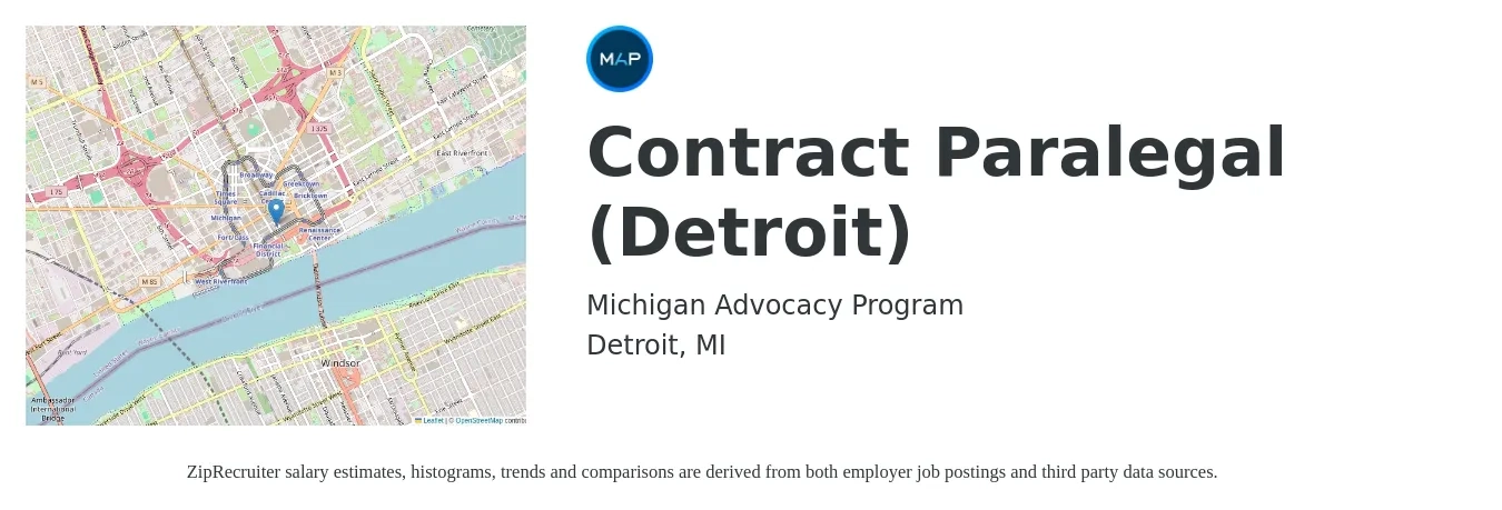 Michigan Advocacy Program job posting for a Contract Paralegal (Detroit) in Detroit, MI with a salary of $65,150 Yearly with a map of Detroit location.