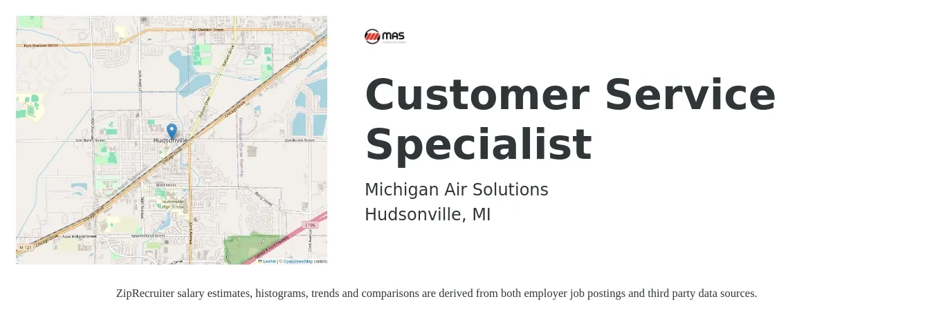 Michigan Air Solutions job posting for a Customer Service Specialist in Hudsonville, MI with a salary of $16 to $21 Hourly with a map of Hudsonville location.