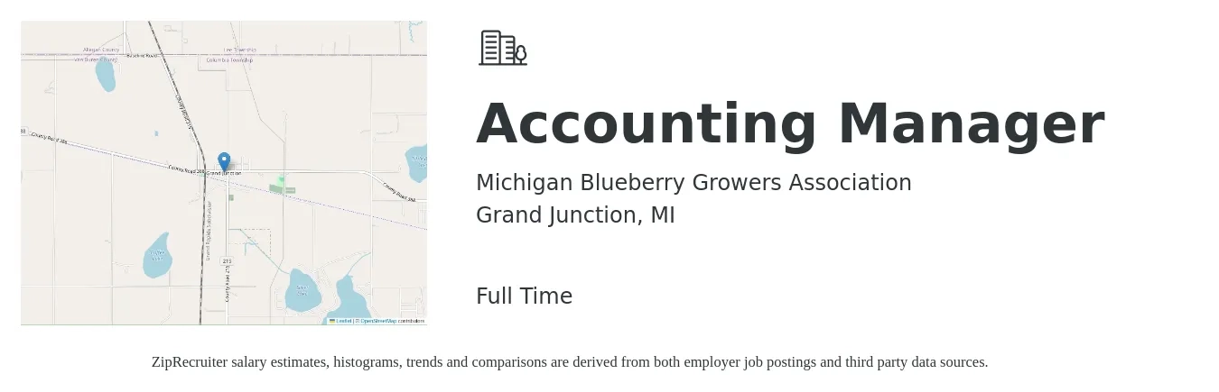 Michigan Blueberry Growers Association job posting for a Accounting Manager in Grand Junction, MI with a salary of $73,400 to $105,400 Yearly with a map of Grand Junction location.
