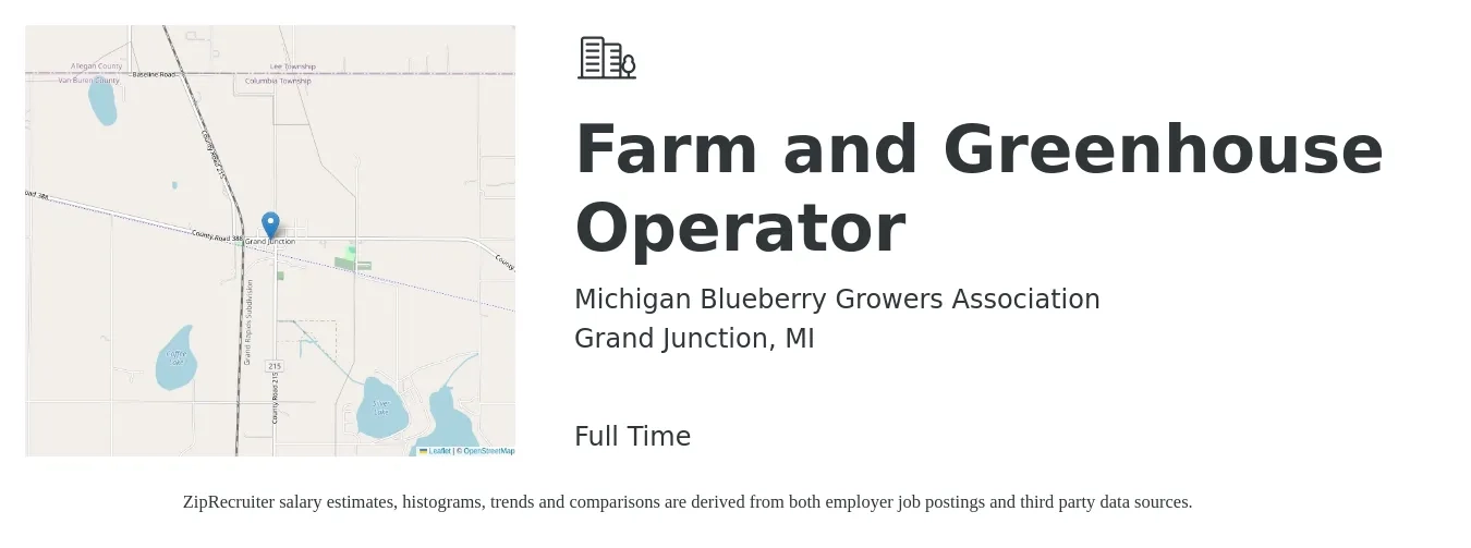 Michigan Blueberry Growers Association job posting for a Farm and Greenhouse Operator in Grand Junction, MI with a salary of $14 to $17 Hourly with a map of Grand Junction location.