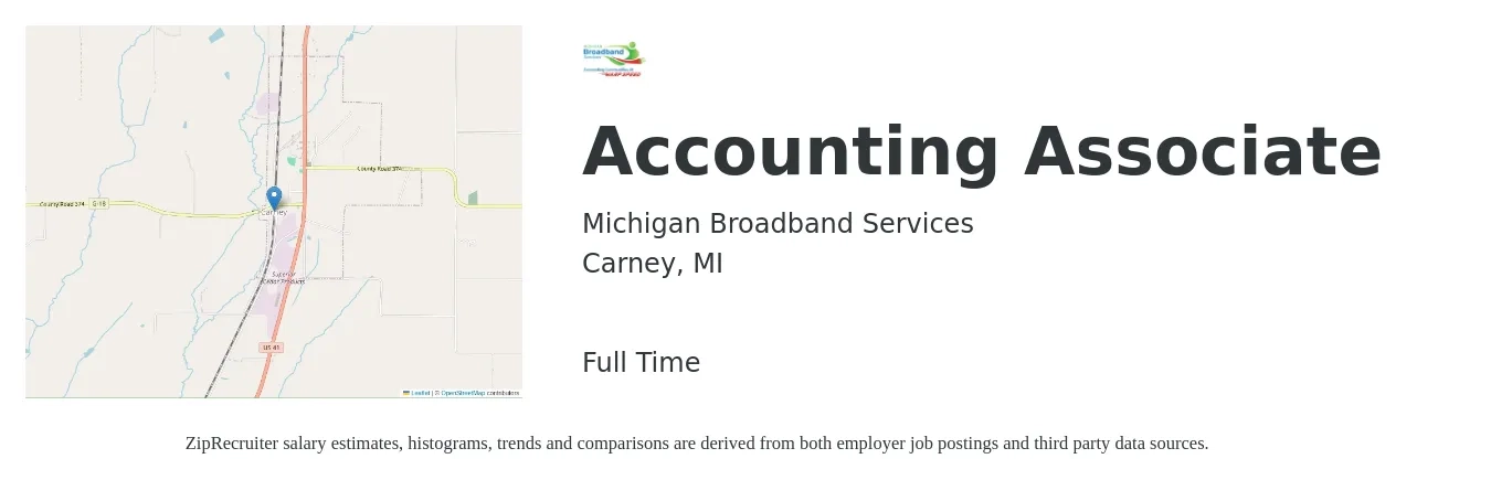 Michigan Broadband Services job posting for a Accounting Associate in Carney, MI with a salary of $20 to $28 Hourly with a map of Carney location.