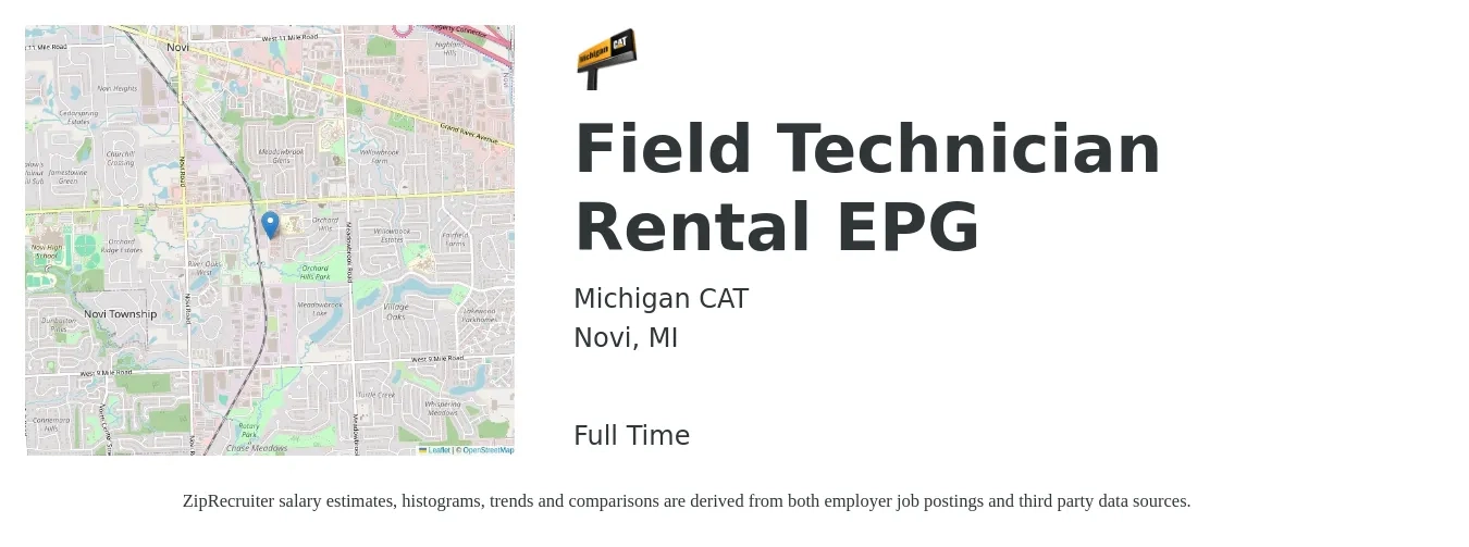 Michigan CAT job posting for a Field Technician Rental EPG in Novi, MI with a salary of $20 to $29 Hourly with a map of Novi location.