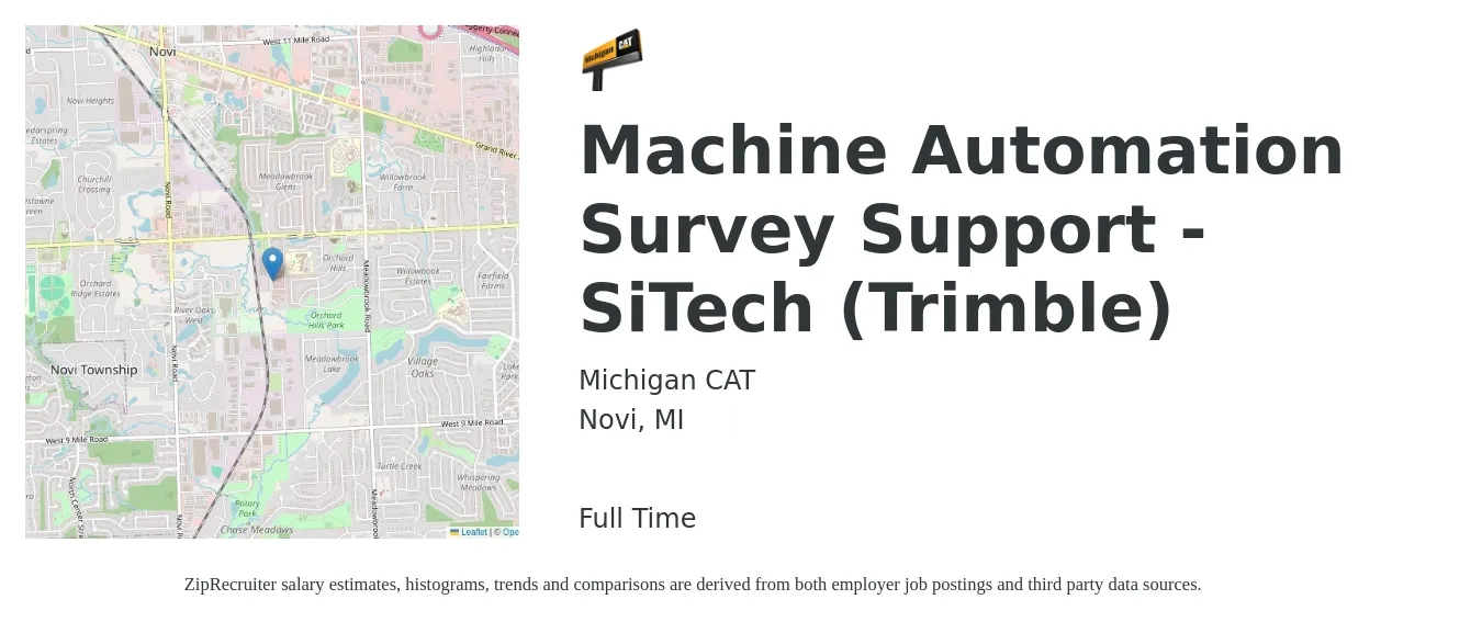 Michigan CAT job posting for a Machine Automation Survey Support - SiTech (Trimble) in Novi, MI with a salary of $18 to $29 Hourly with a map of Novi location.