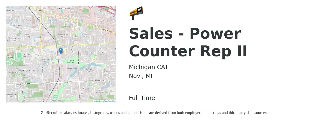 Michigan CAT job posting for a Sales - Power Counter Rep II in Novi, MI with a salary of $17 to $26 Hourly with a map of Novi location.