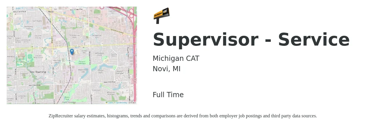Michigan CAT job posting for a Supervisor - Service in Novi, MI with a salary of $48,900 to $75,800 Yearly with a map of Novi location.