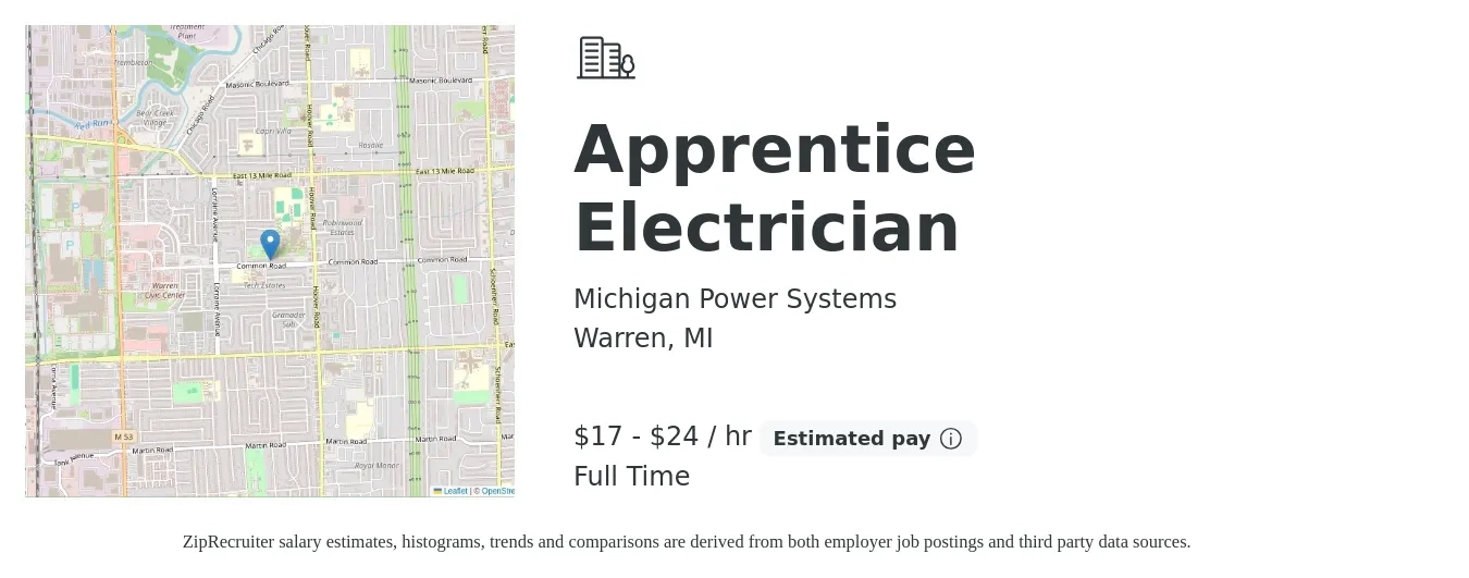 Michigan Power Systems job posting for a Apprentice Electrician in Warren, MI with a salary of $18 to $25 Hourly with a map of Warren location.