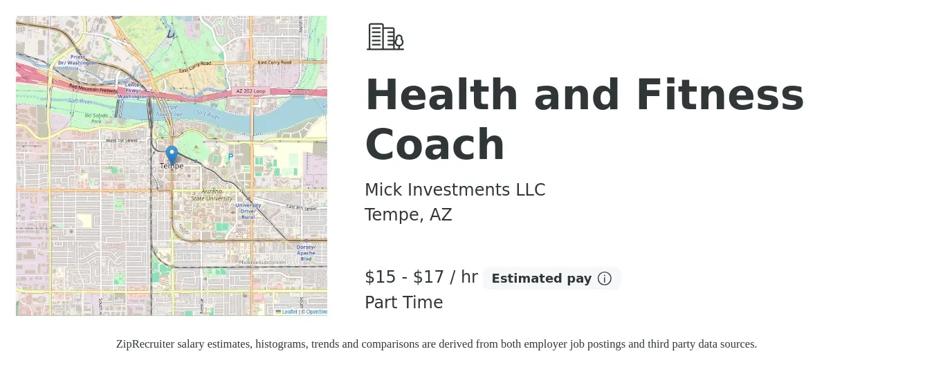 Mick Investments LLC job posting for a Health and Fitness Coach in Tempe, AZ with a salary of $16 to $18 Hourly with a map of Tempe location.