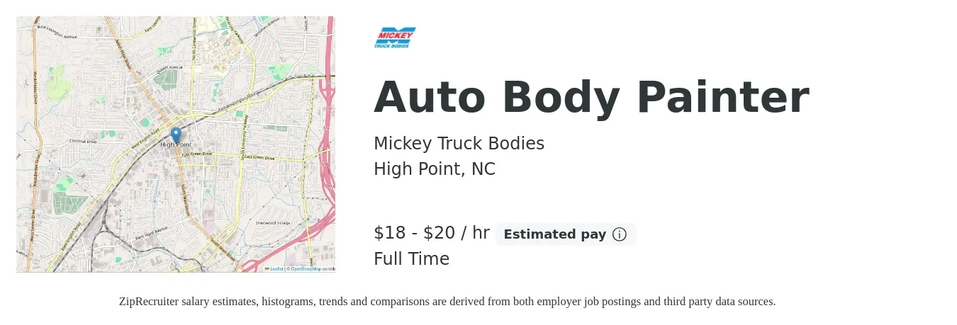 Mickey Truck Bodies job posting for a Auto Body Painter in High Point, NC with a salary of $19 to $21 Hourly with a map of High Point location.