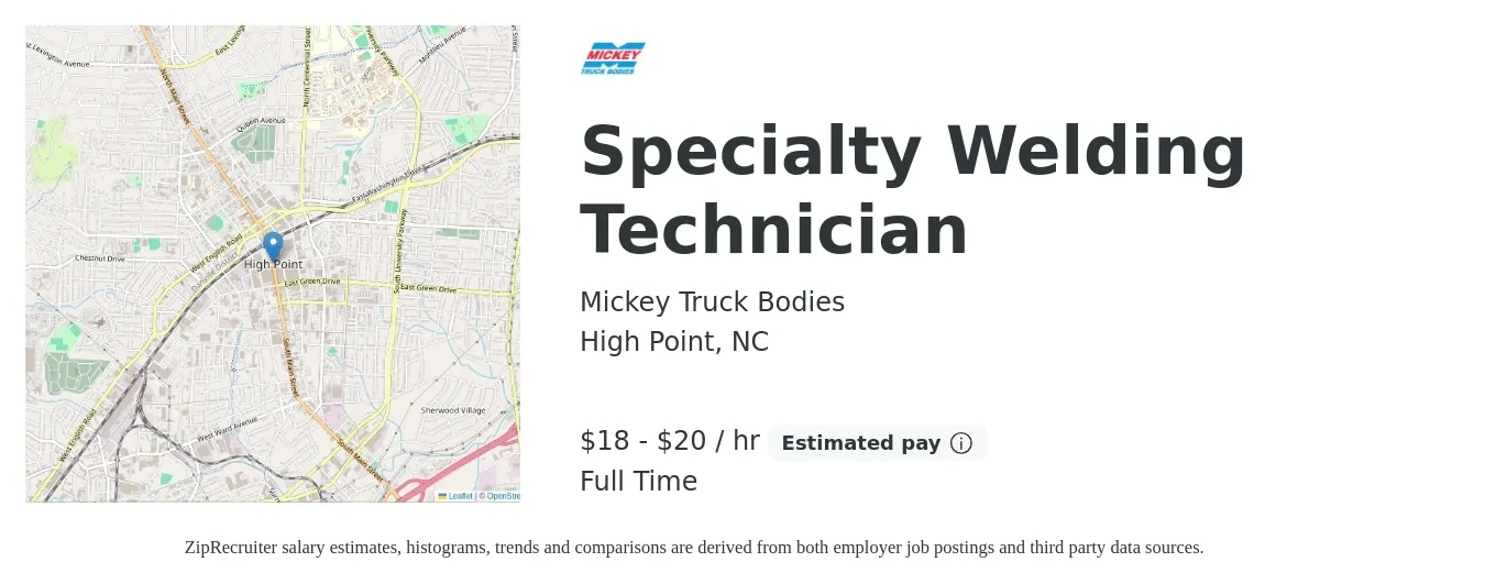 Mickey Truck Bodies job posting for a Specialty Welding Technician in High Point, NC with a salary of $19 to $21 Hourly with a map of High Point location.
