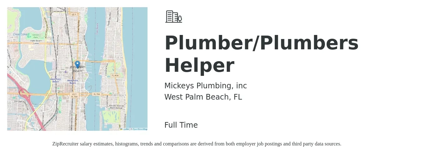 Mickeys Plumbing, inc job posting for a Plumber/Plumbers Helper in West Palm Beach, FL with a salary of $24 to $35 Hourly with a map of West Palm Beach location.