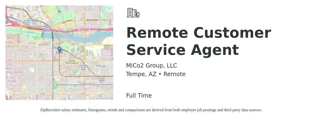 MiCo2 Group, LLC job posting for a Remote Customer Service Agent in Tempe, AZ with a salary of $15 to $20 Hourly with a map of Tempe location.
