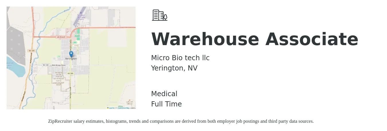 Micro Bio tech llc job posting for a Warehouse Associate in Yerington, NV with a salary of $15 to $18 Hourly and benefits including medical with a map of Yerington location.