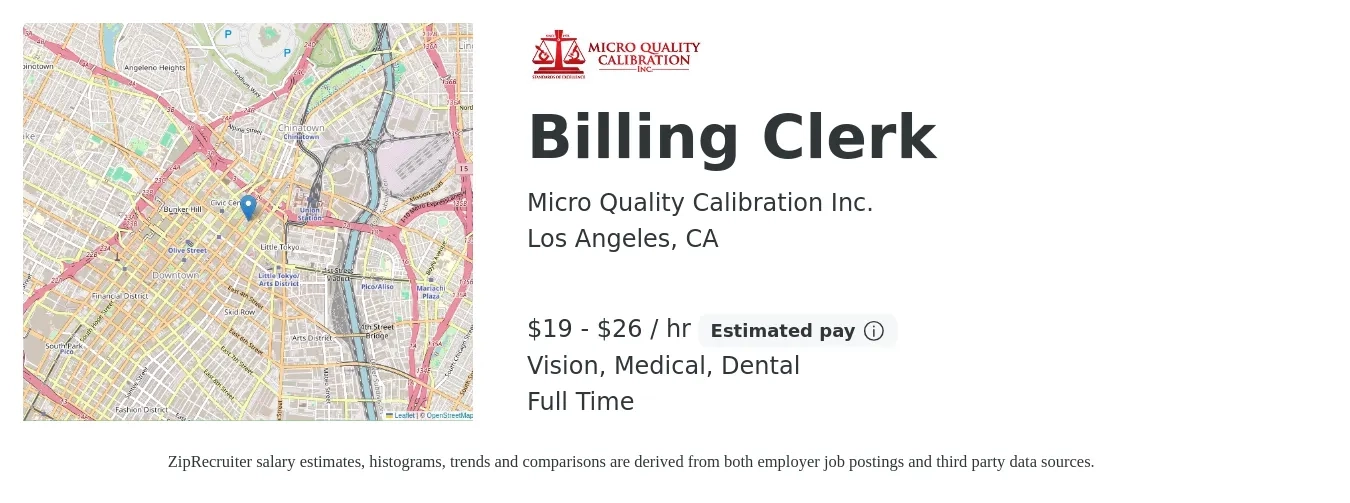 Micro Quality Calibration Inc. job posting for a Billing Clerk in Los Angeles, CA with a salary of $20 to $28 Hourly and benefits including retirement, vision, dental, and medical with a map of Los Angeles location.