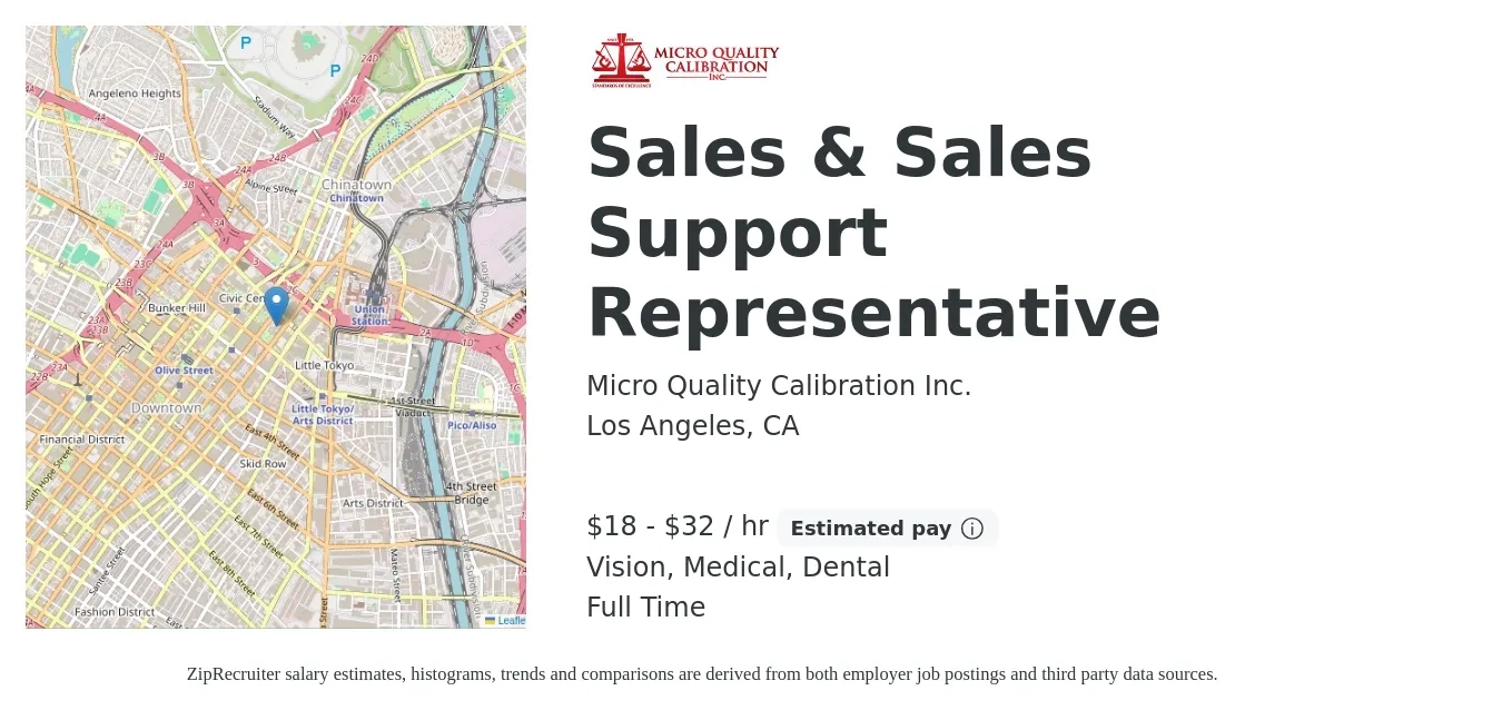 Micro Quality Calibration Inc. job posting for a Sales & Sales Support Representative in Los Angeles, CA with a salary of $19 to $34 Hourly and benefits including retirement, vision, dental, and medical with a map of Los Angeles location.