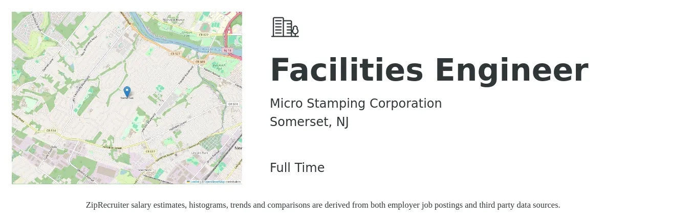 Micro Stamping Corporation job posting for a Facilities Engineer in Somerset, NJ with a salary of $76,600 to $112,000 Yearly with a map of Somerset location.