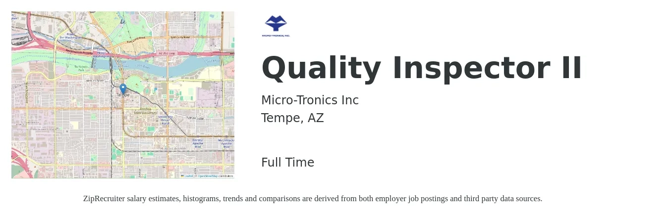 Micro-Tronics Inc job posting for a Quality Inspector II in Tempe, AZ with a salary of $16 to $23 Hourly with a map of Tempe location.