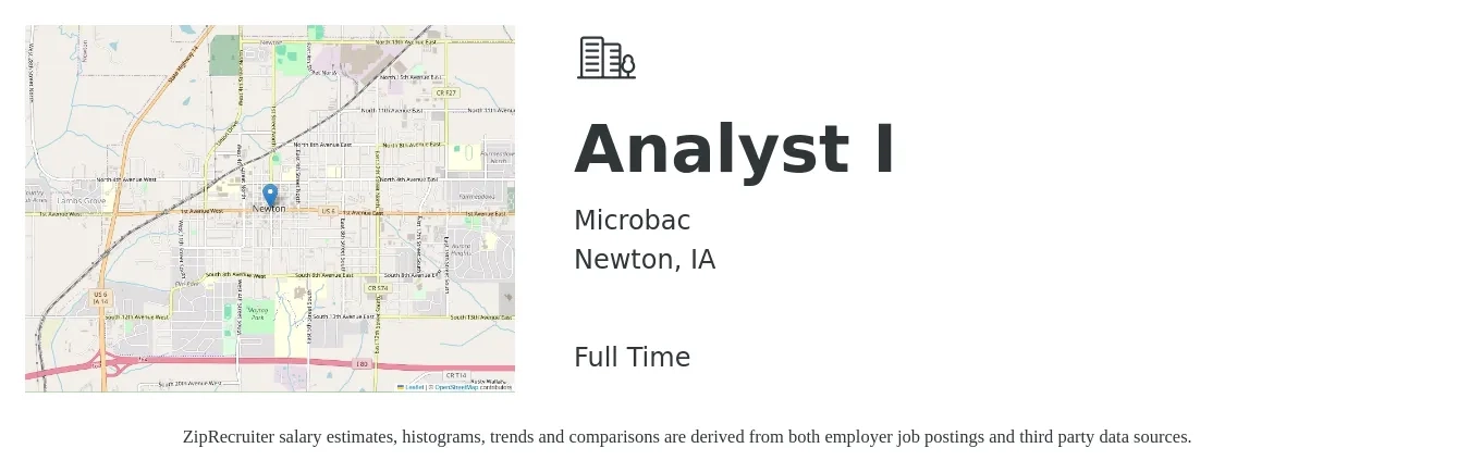 Microbac job posting for a Analyst I in Newton, IA with a salary of $60,800 to $63,500 Yearly with a map of Newton location.