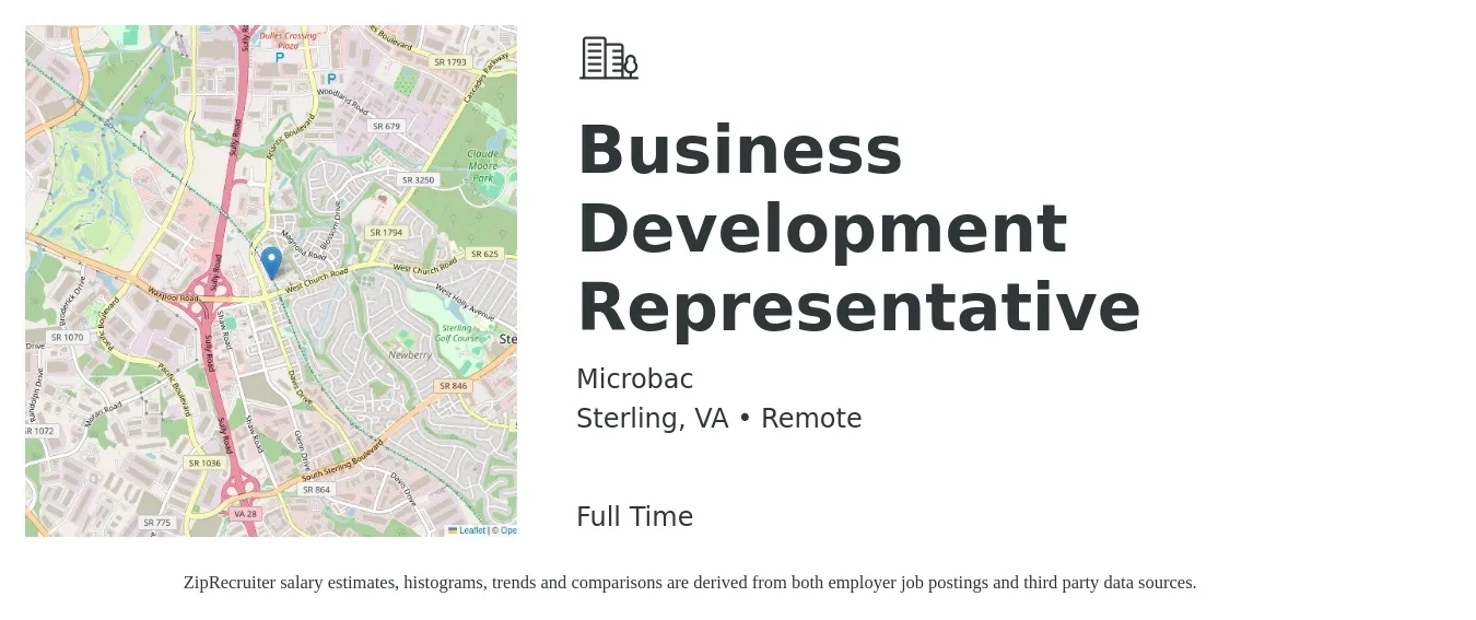 Microbac job posting for a Business Development Representative in Sterling, VA with a salary of $44,700 to $69,500 Yearly with a map of Sterling location.