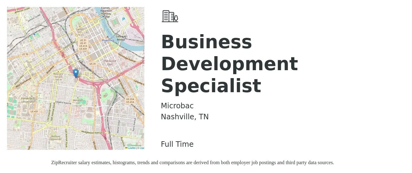Microbac job posting for a Business Development Specialist in Nashville, TN with a salary of $42,700 to $71,200 Yearly with a map of Nashville location.