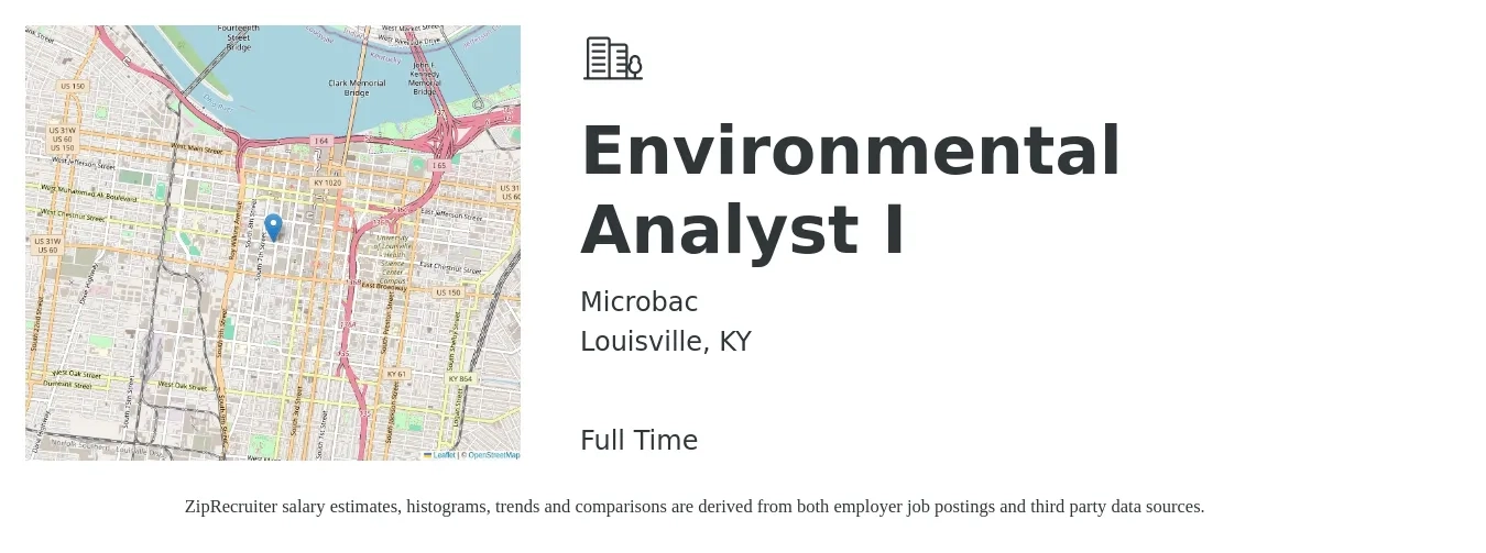Microbac job posting for a Environmental Analyst I in Louisville, KY with a salary of $45,300 to $84,200 Yearly with a map of Louisville location.