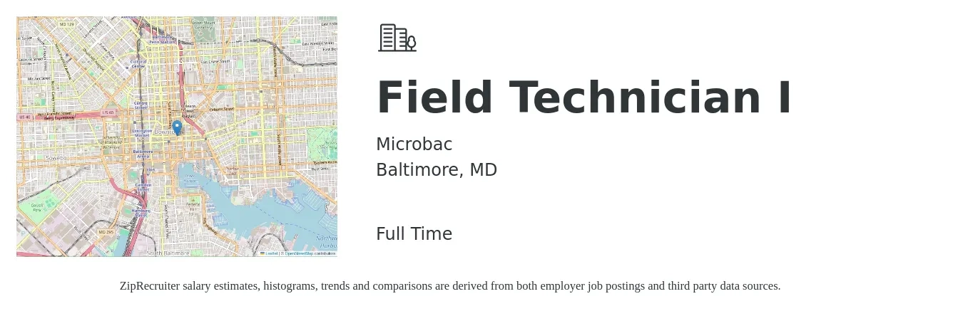 Microbac job posting for a Field Technician I in Baltimore, MD with a salary of $20 to $27 Hourly with a map of Baltimore location.