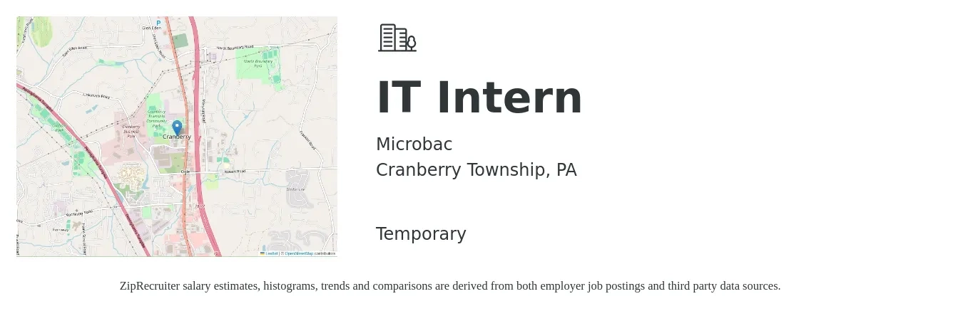 Microbac job posting for a IT Intern in Cranberry Township, PA with a salary of $14 to $20 Hourly with a map of Cranberry Township location.