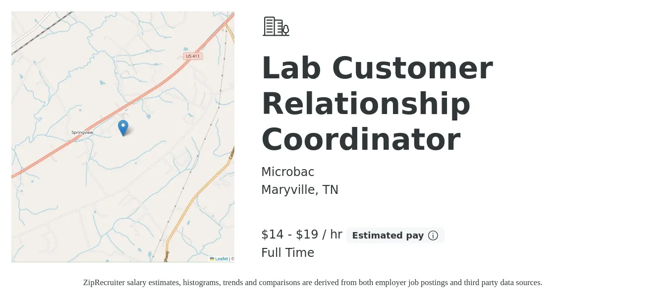 Microbac job posting for a Lab Customer Relationship Coordinator in Maryville, TN with a salary of $15 to $20 Hourly with a map of Maryville location.